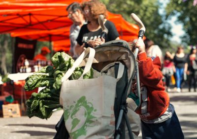Nene empuja un cochechito con productos comprados en la feria